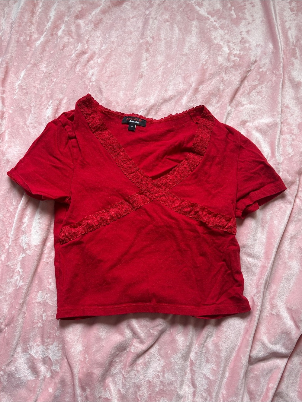 Don’t call me Jennyfer Red Lace Trim V-Neck Crop Top